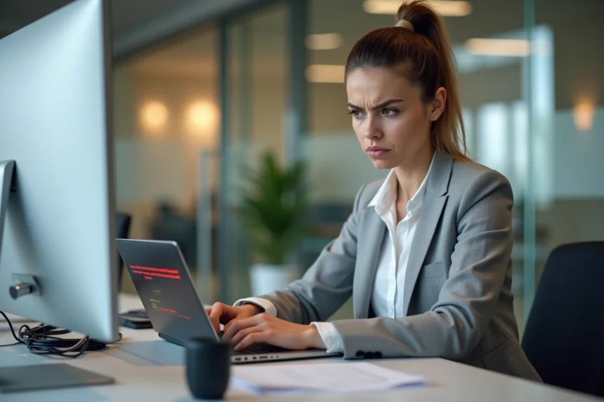 Conseillère en courtage d'assurance Inaxa face à un message d'erreur sur son ordinateur portable dans un bureau professionnel