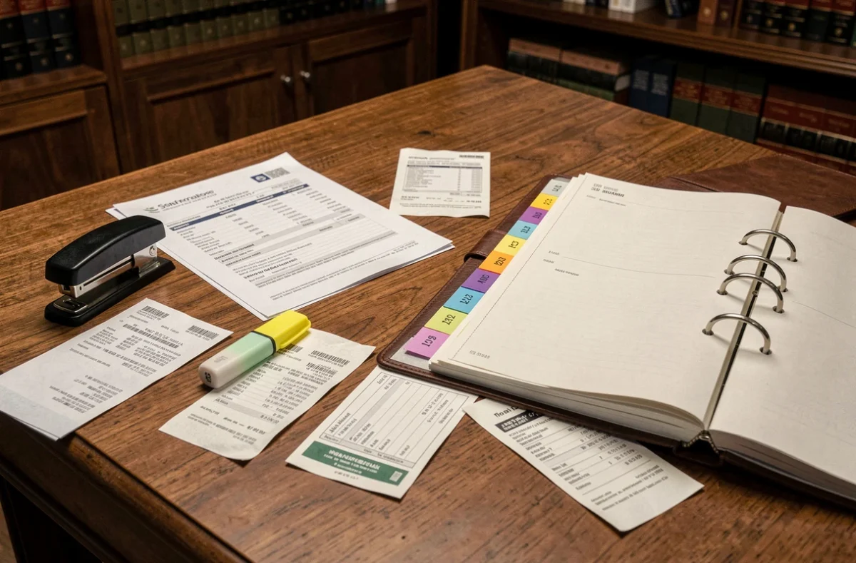 Vue aérienne d'un bureau avec des factures, tickets de caisse et classeurs pour la conservation des pièces justificatives LMNP