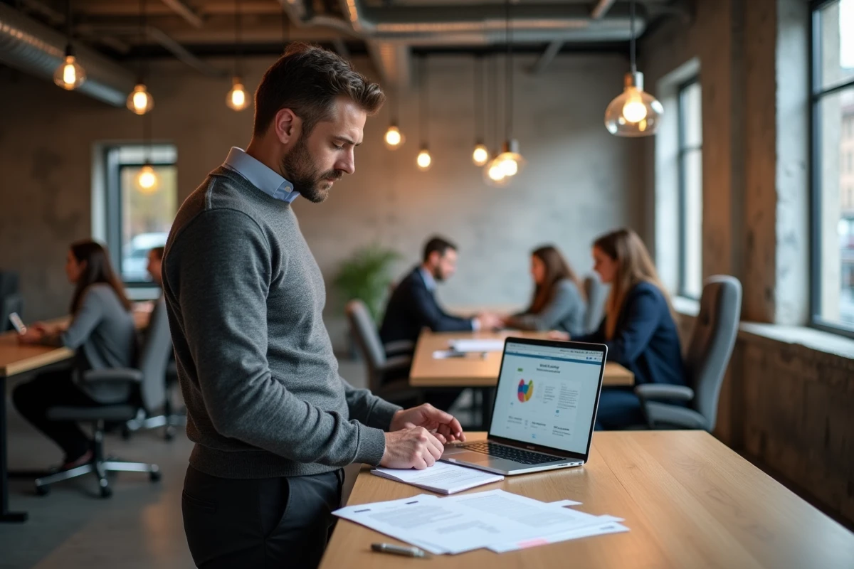 Consultant indépendant analysant des documents administratifs dans un espace de coworking pour optimiser son statut offshore