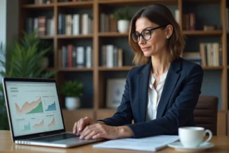 Consultante freelance utilisant un service en ligne pour gérer son activité offshore depuis son bureau à domicile