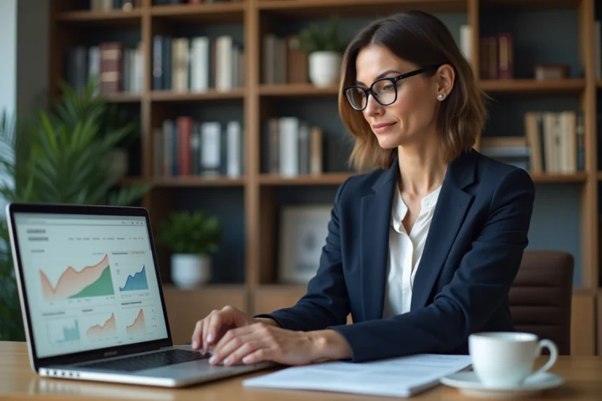 Consultante freelance utilisant un service en ligne pour gérer son activité offshore depuis son bureau à domicile