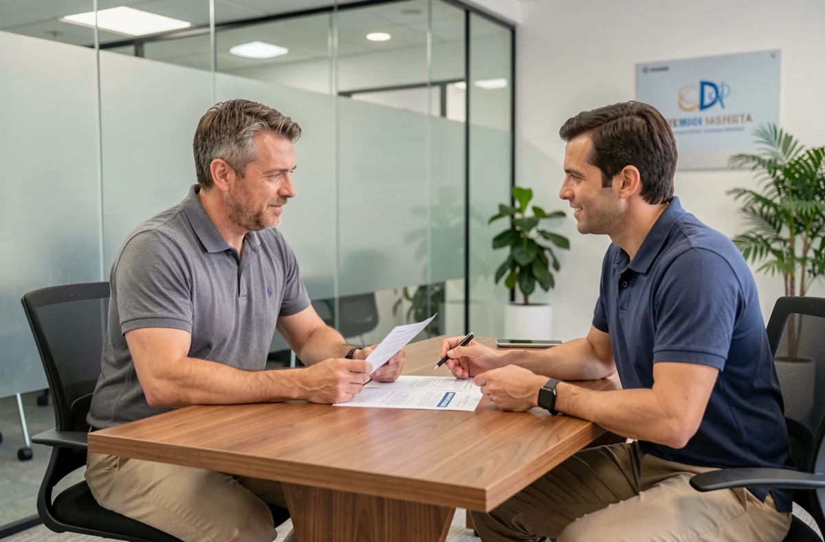 Homme consultant un conseiller bancaire pour comprendre la couverture assurance voyage de sa Visa Classic