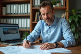 Homme consultant ses documents fiscaux à son bureau pour contacter le SGC Nord Vendée