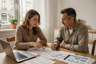 Couple examinant des documents d'assurance emprunteur pour leur prêt immobilier à domicile