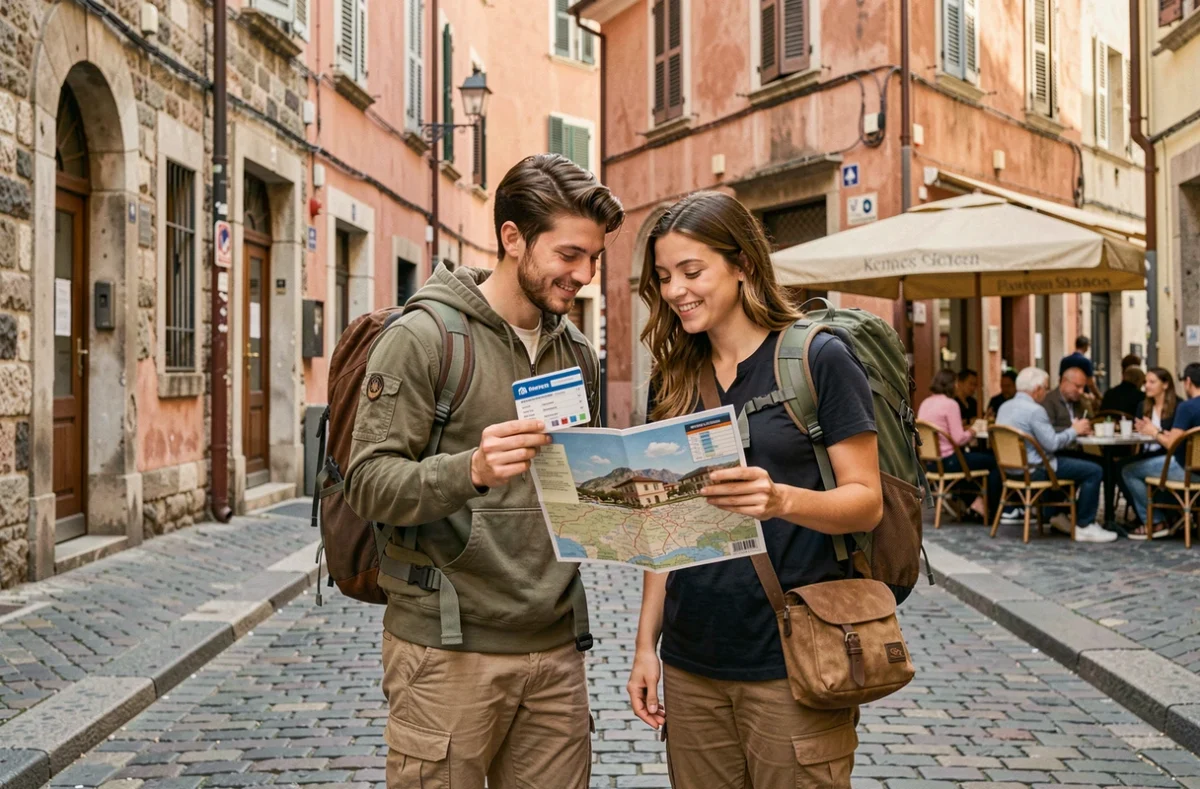 Couple de voyageurs consultant leur carte d'assurance voyage dans une rue européenne pavée à l'étranger