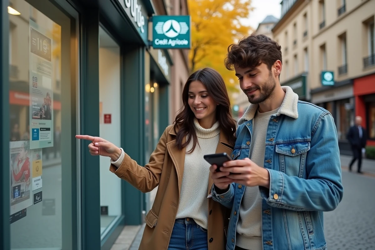 Couple comparant une application bancaire en ligne devant une agence Crédit Agricole dans une rue commerçante française