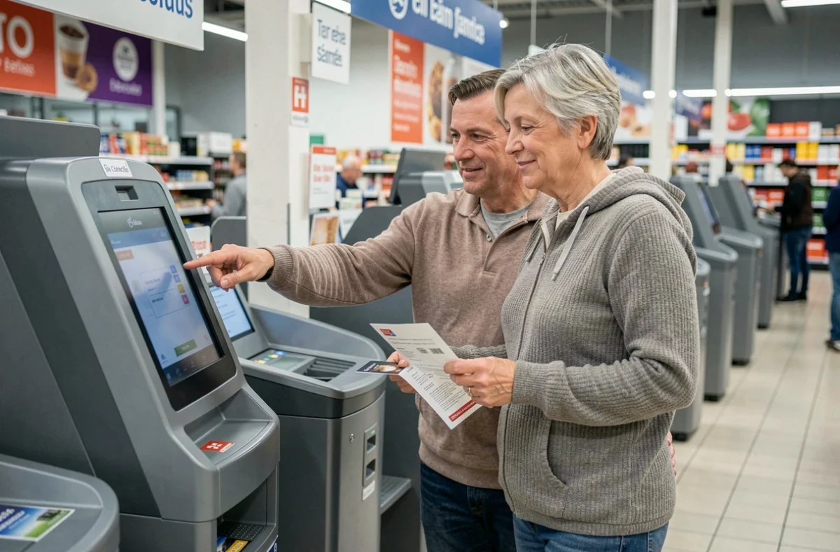 Couple utilisant un chèque différé Leclerc à la caisse automatique d'un hypermarché pour maîtriser leur budget
