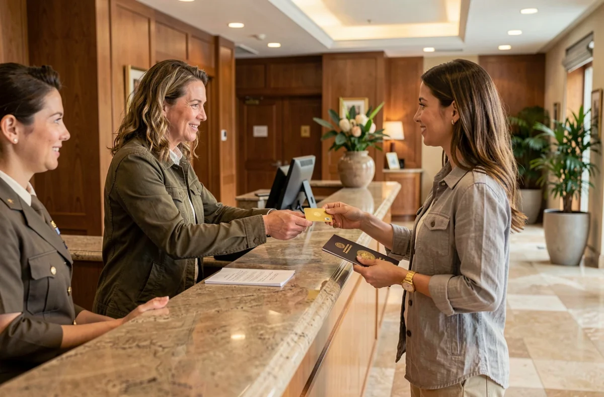Couple utilisant leur carte Amex Gold à la réception d'un hôtel lors d'un voyage