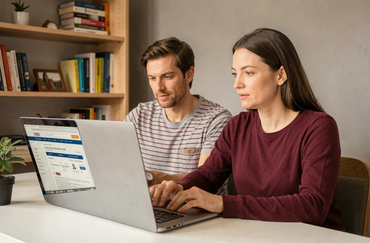 Couple sans revenus fixes comparant des mutuelles santé sur un ordinateur portable à leur bureau à domicile