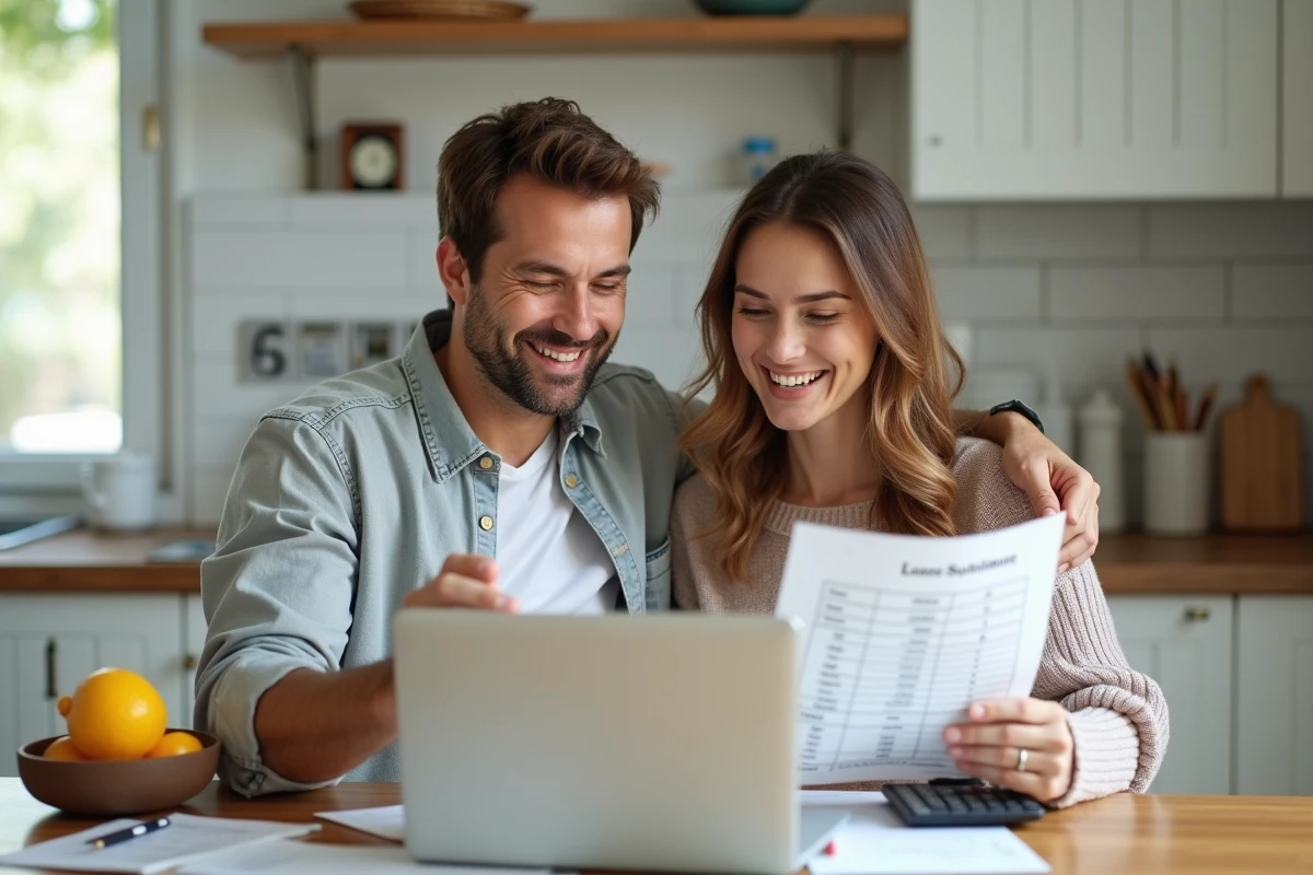 Couple comparant les offres de rachat de crédit Cofidis sur un ordinateur portable à la maison