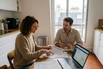 Couple examinant un contrat d'assurance emprunteur à la table de cuisine de leur appartement