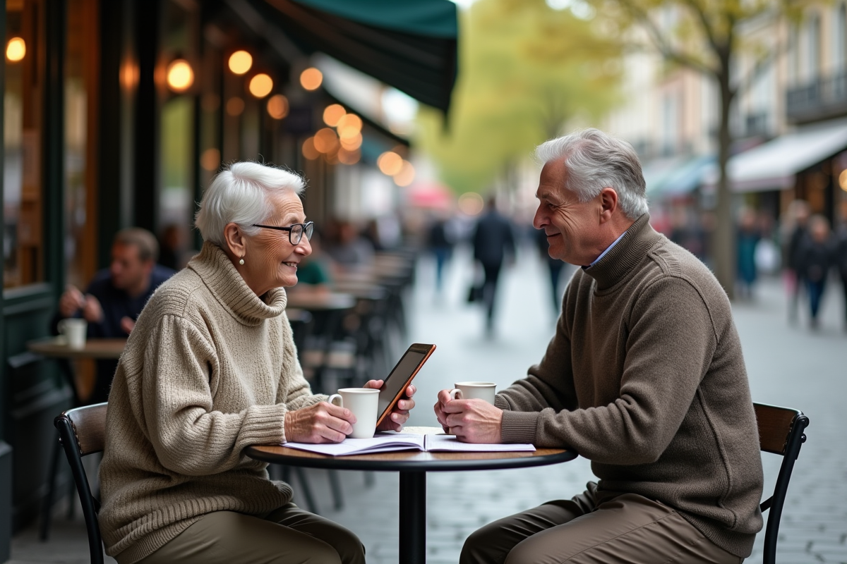 Couple âgé discutant dans un café en ville