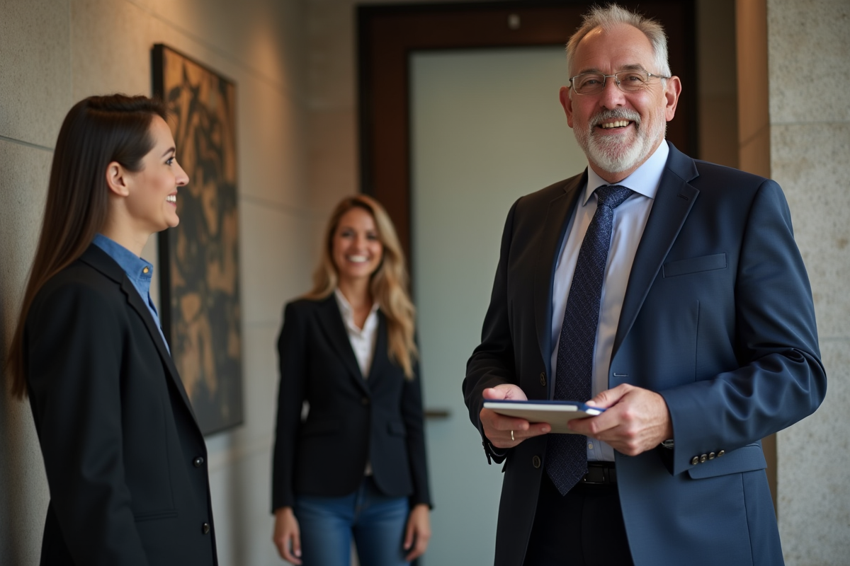 Jeune couple entrant dans une salle de conseil retraite