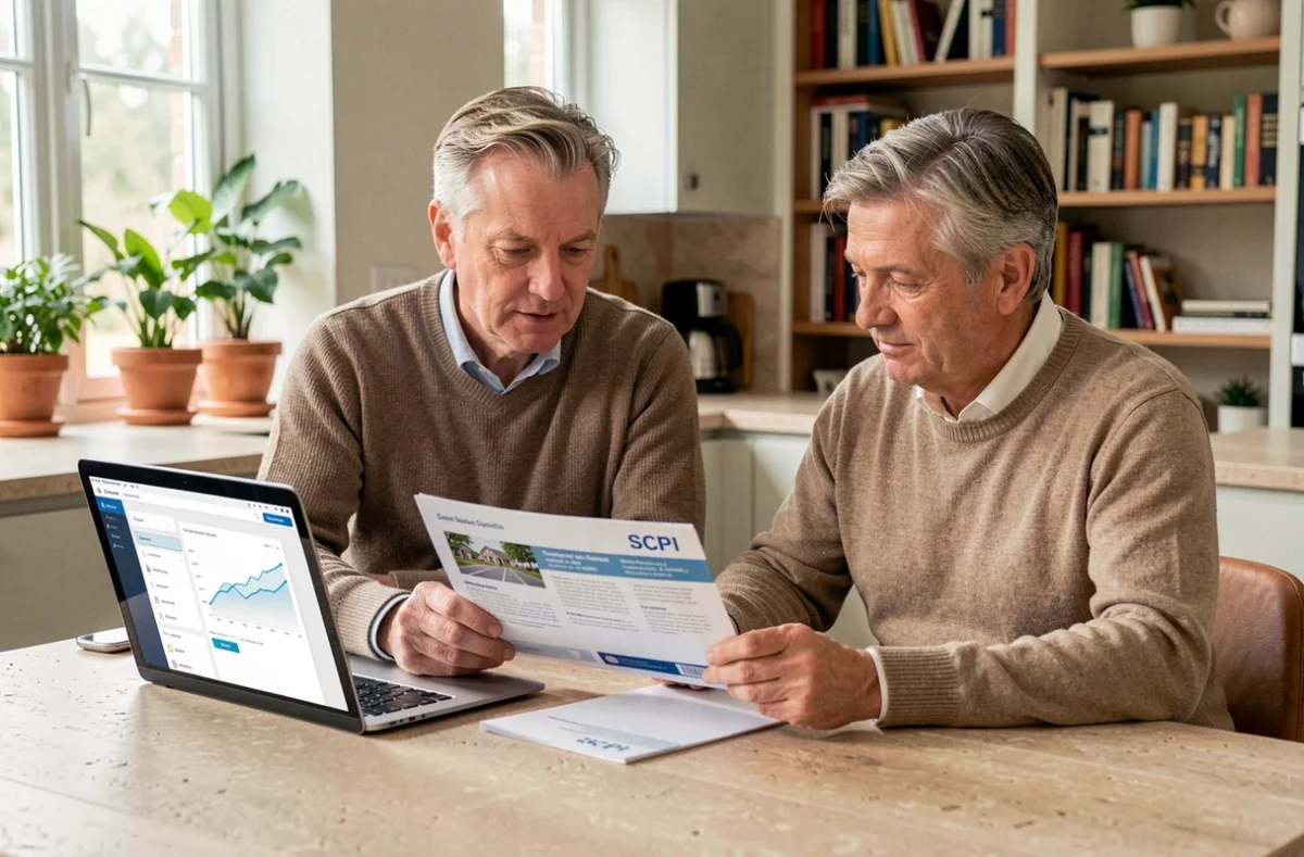 Couple en train d'étudier un investissement en SCPI à domicile avec brochure et ordinateur portable