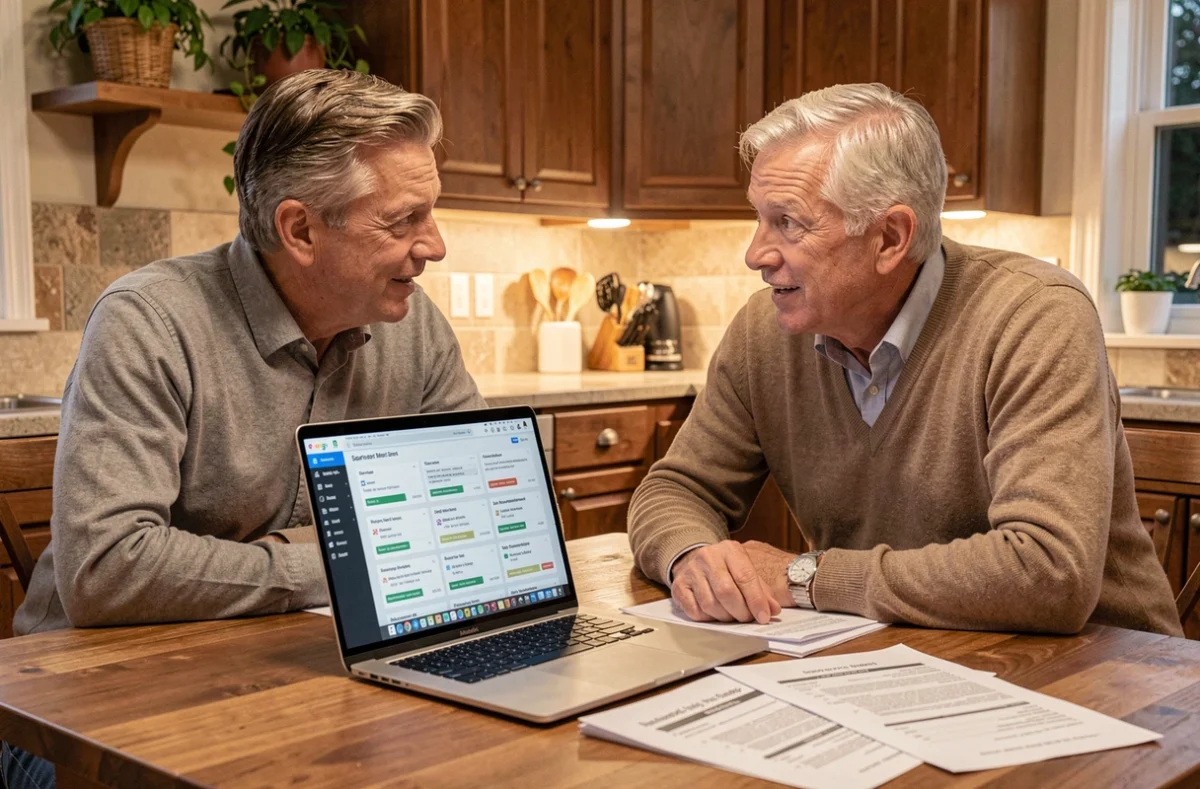 Couple d'investisseurs discutant de placements SCPI sur un ordinateur portable dans leur cuisine à domicile