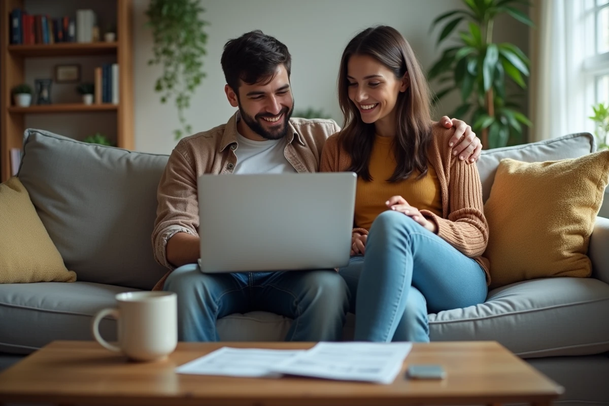 Couple planifiant leur budget familial ensemble sur un canapé avec un ordinateur portable et des factures pour optimiser leurs économies