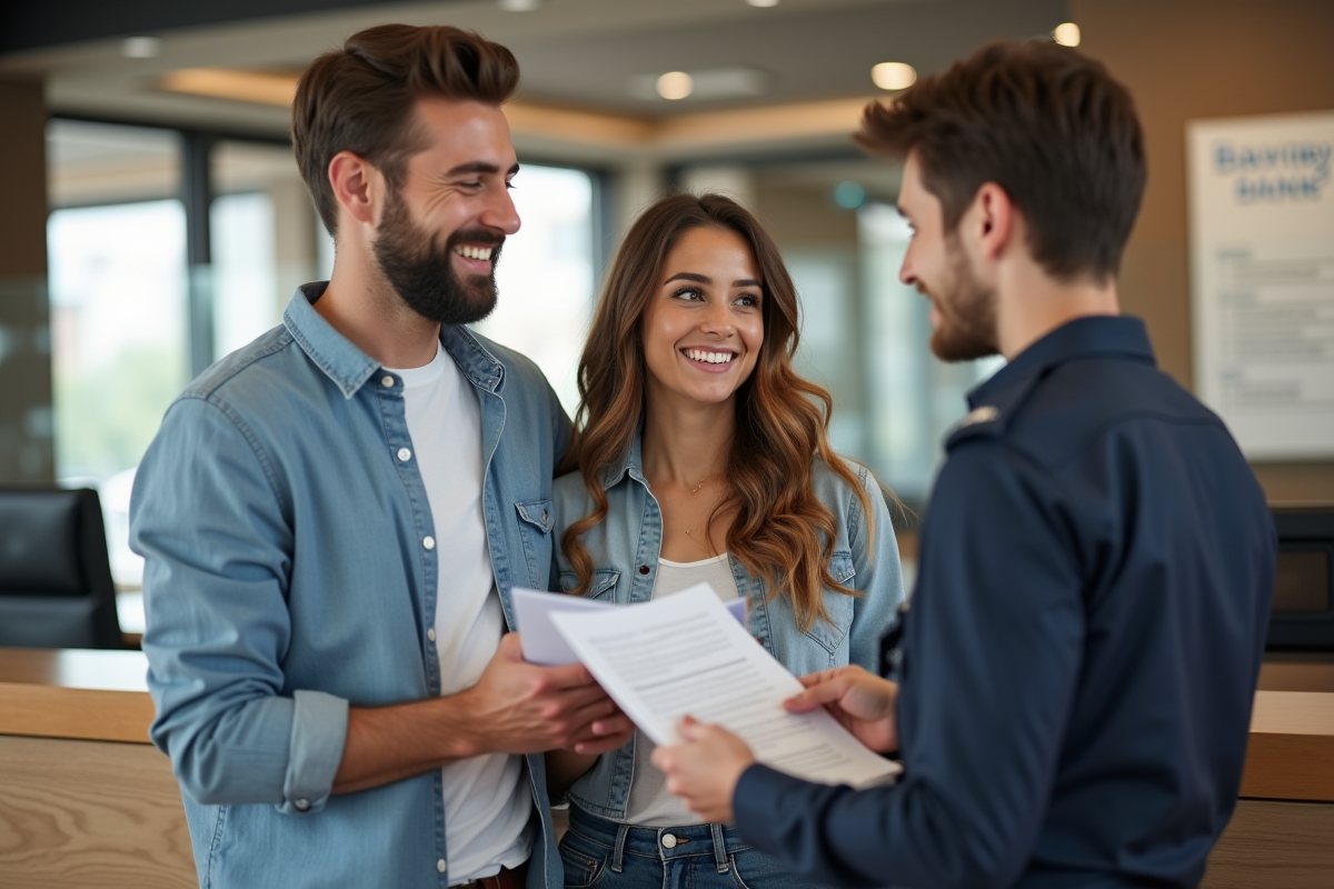 Jeune couple discutant avec un conseiller bancaire à la banque