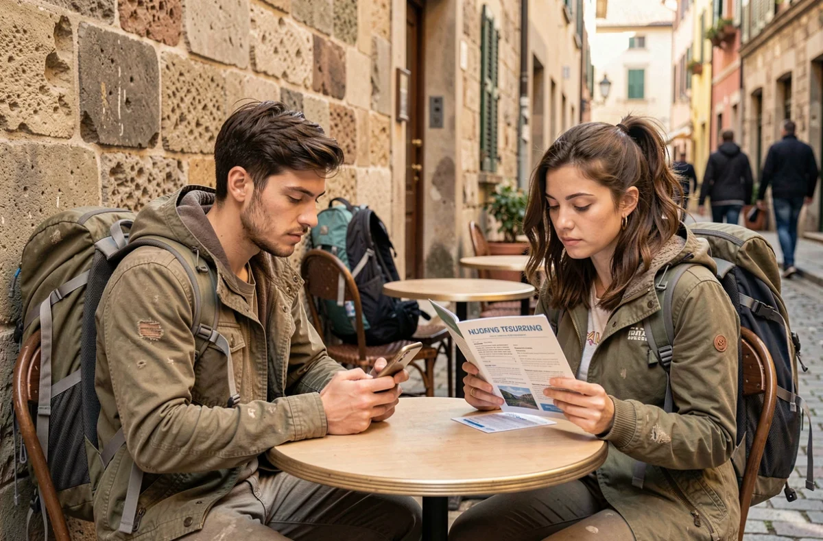 Couple de voyageurs consultant les options d'assurance voyage à l'étranger dans un café européen