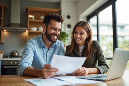 Jeune couple souriant à la cuisine avec documents financiers