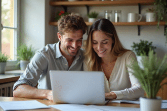 Jeune couple discutant de simulation de credit à la maison