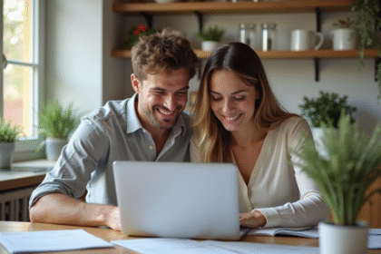 Jeune couple discutant de simulation de credit à la maison