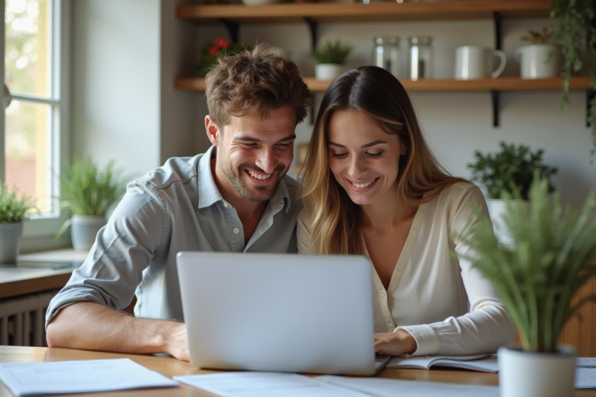Jeune couple discutant de simulation de credit à la maison