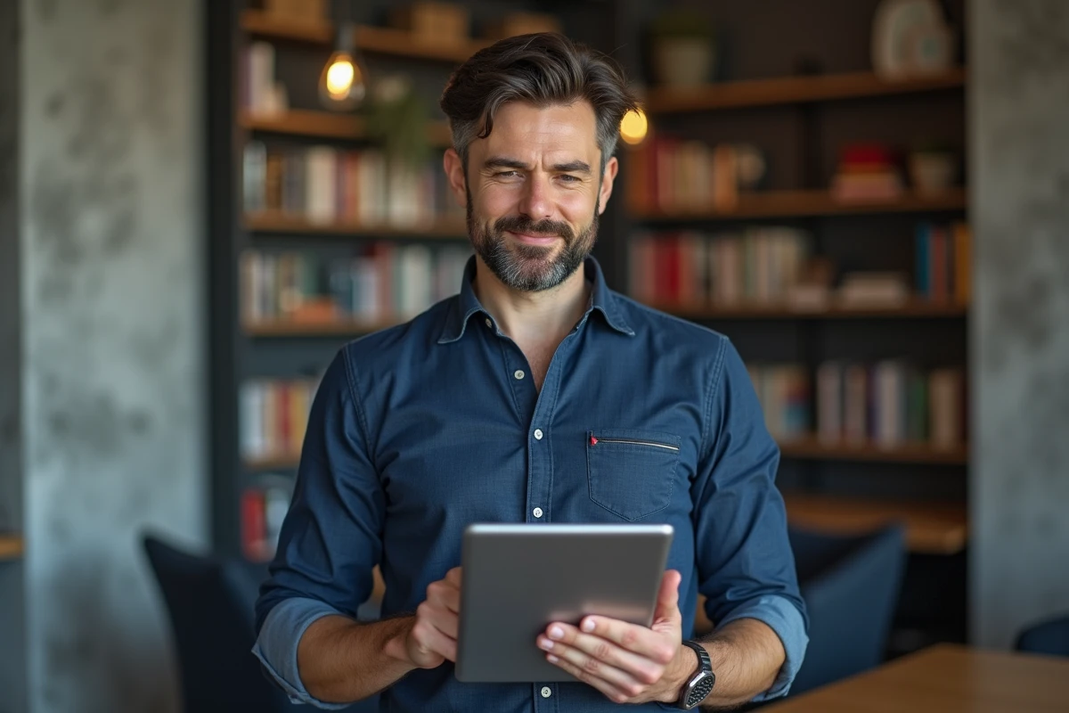 Courtier en assurance consultant un message d'erreur sur tablette dans un espace de travail moderne
