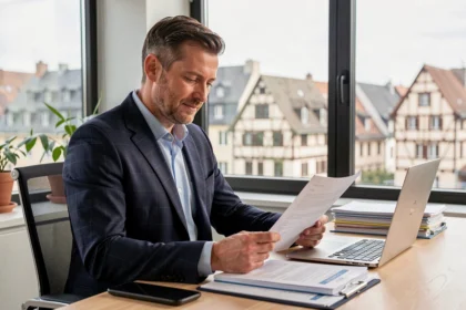 Courtier en assurance professionnel dans son bureau à Colmar, Haut-Rhin, examinant des documents d'assurance avec vue sur la ville alsacienne