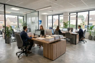 Vue d'ensemble d'un bureau de courtiers en assurance dans les Yvelines avec des conseillers accompagnant des clients
