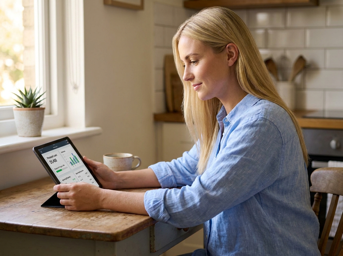 Une jeune femme suit son crédit de faible montant via l'interface personnalisée de Crédigo sur sa tablette dans sa cuisine