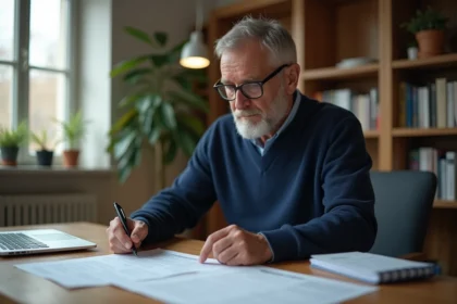 Homme en pull marine remplissant sa déclaration fiscale française avec une case 2BH, assis à un bureau en bois à domicile