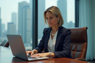 Directrice financière senior analysant des documents confidentiels dans une salle de conseil haut de gamme avec vue sur la skyline urbaine