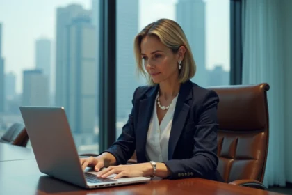 Directrice financière senior analysant des documents confidentiels dans une salle de conseil haut de gamme avec vue sur la skyline urbaine