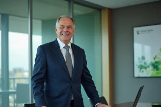 Dirigeant senior du Crédit Agricole en réunion de direction dans une salle de conseil moderne avec documents financiers