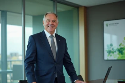 Dirigeant senior du Crédit Agricole en réunion de direction dans une salle de conseil moderne avec documents financiers
