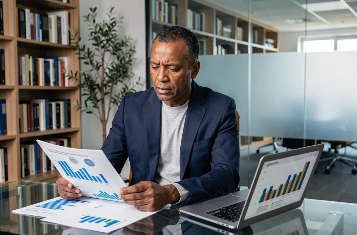 Dirigeant fintech nord-africain concentré analysant seul des graphiques de comparaison de fortune dans un bureau exécutif épuré avec bibliothèque