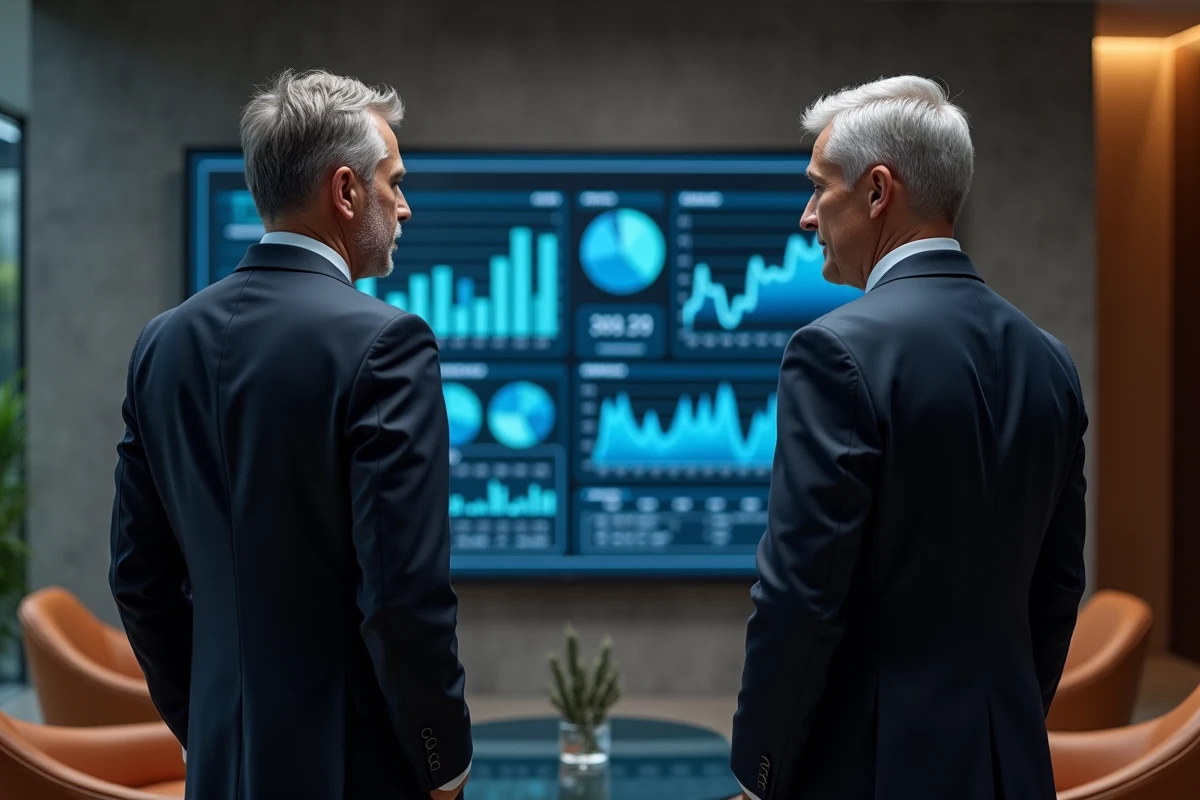 Deux dirigeants financiers en discussion stratégique confidentielle devant un tableau de bord financier dans un espace exécutif privé