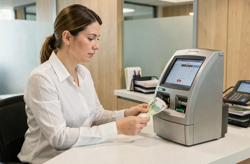 Professionnelle de banque comptant des billets d'euros devant un distributeur de billets et une calculatrice en ligne sur écran