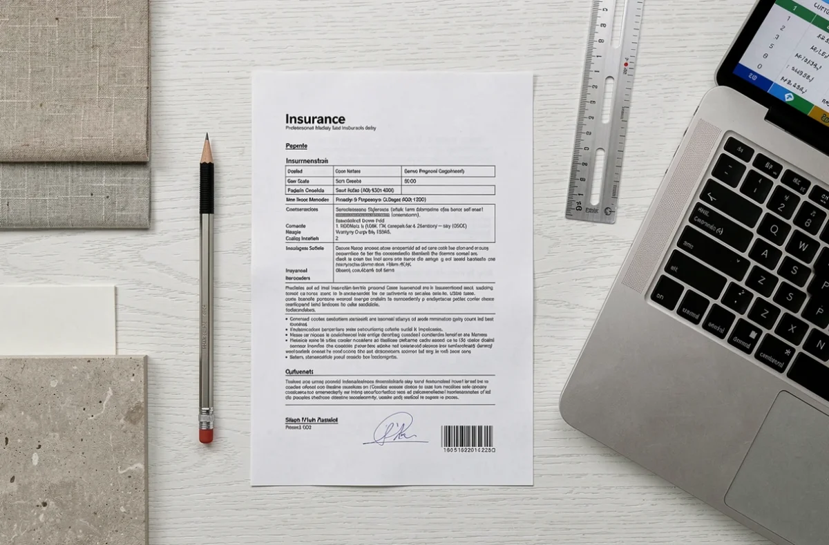 Vue de dessus des documents d'assurance décennale et outils d'architecte d'intérieur sur un bureau en bois