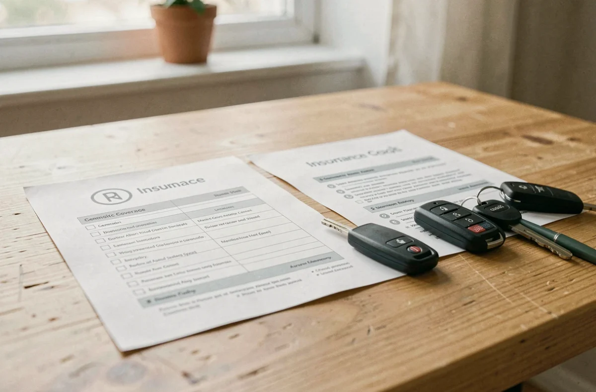 Documents d'assurance auto au tiers et tous risques posés côte à côte sur un bureau avec des clés de voiture, comparaison des garanties
