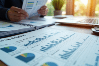 Piles de documents financiers et graphiques boursiers sur un bureau