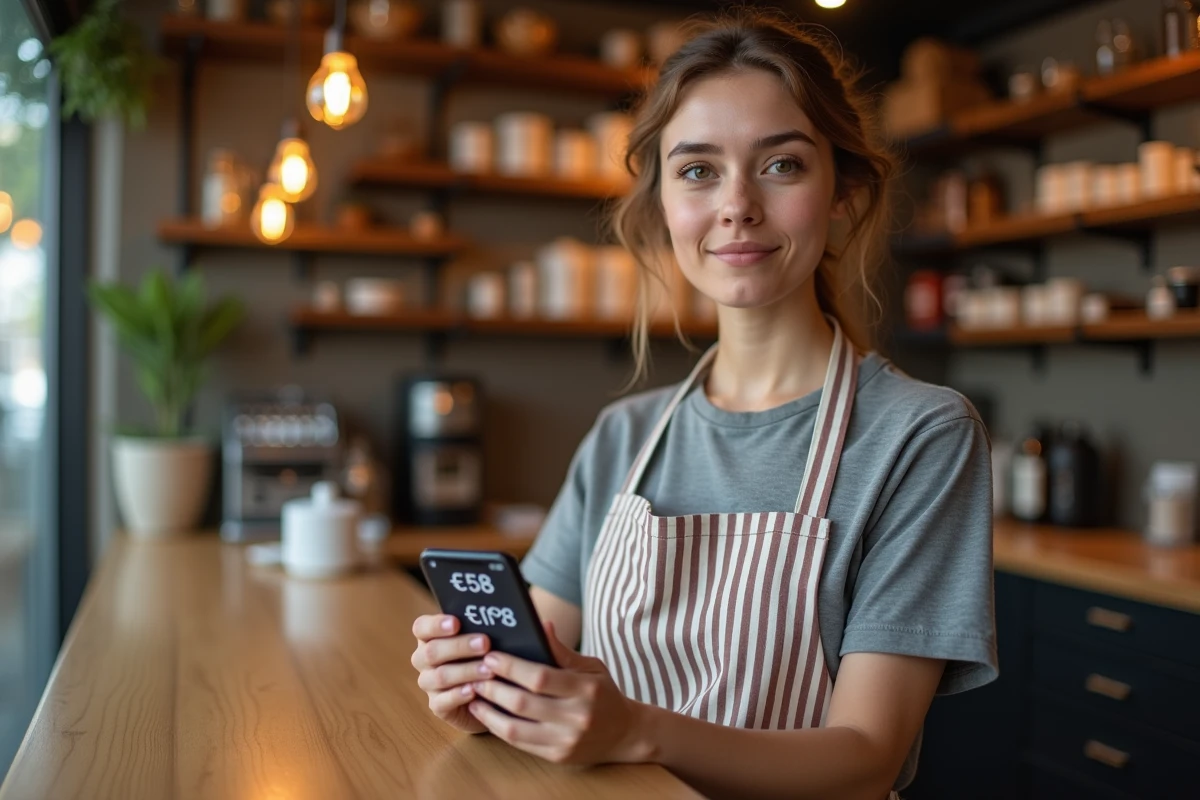Jeune employée en commerce consultant une simulation de salaire net SMIC 25h sur smartphone, illustration temps partiel 2026