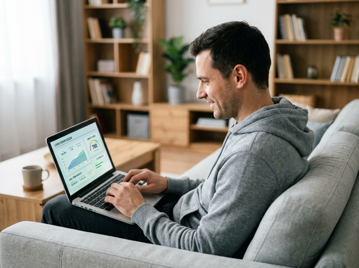 Un jeune homme compare instantanément des offres de crédit en ligne via la plateforme Empruntis depuis son salon
