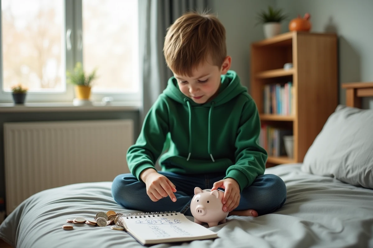 Enfant rangeant ses économies dans une tirelire avec un livret d'épargne posé sur sa table de nuit