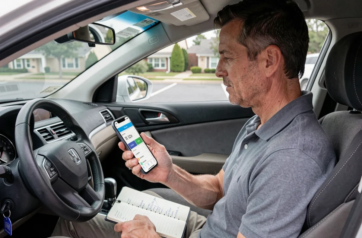 Homme enregistrant ses frais kilométriques sur une application mobile dans sa voiture