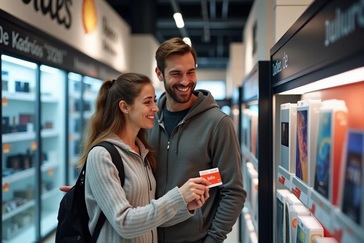 Couple utilisant un chèque cadeau Kadéos Infini dans un magasin d'électronique partenaire