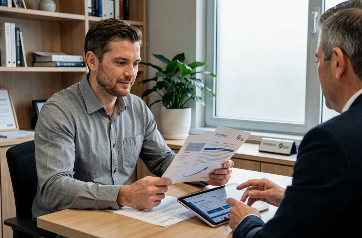 Entrepreneur indépendant en entretien avec un conseiller La Banque Postale pour préparer un rendez-vous professionnel utile