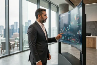 Portrait d'un entrepreneur fintech prospère en costume sur mesure examinant des données financières dans un siège social moderne aux murs de verre