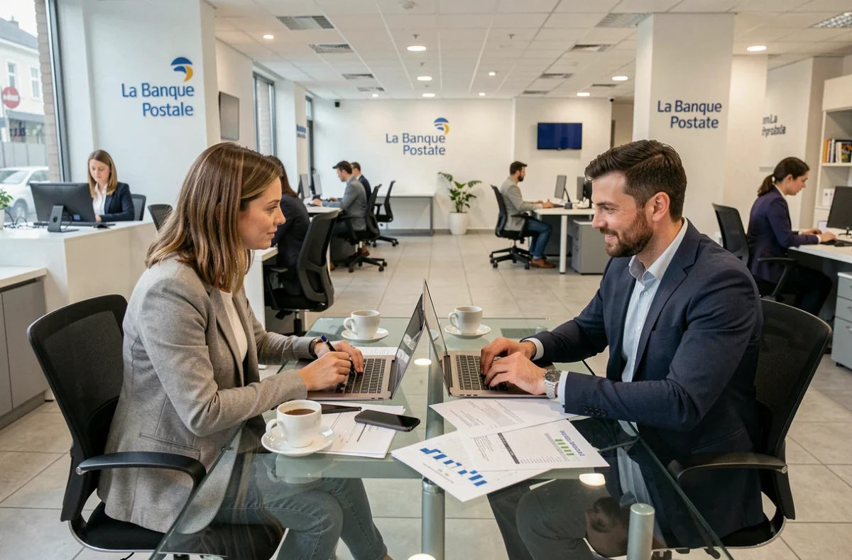 Vue d'ensemble d'un entretien professionnel terminé dans une agence La Banque Postale avec documents et ordinateur sur la table