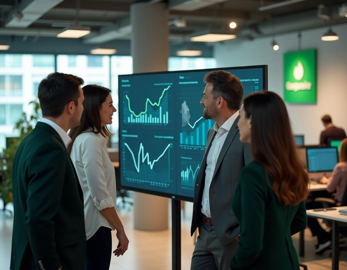 Équipe de professionnels bancaires du Crédit Agricole analysant des résultats financiers sur écran numérique